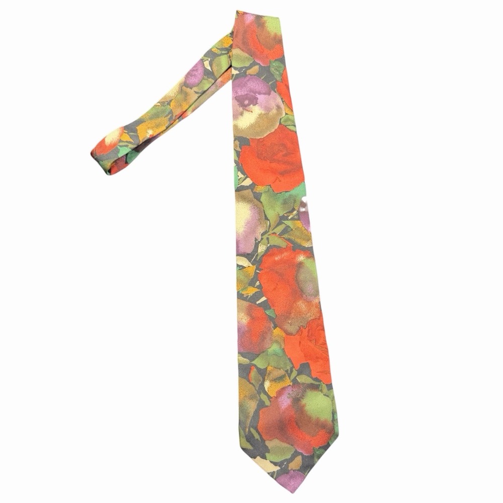 Halston III Mens Floral Silk Necktie Red Purple Italian Silk Painterly Print